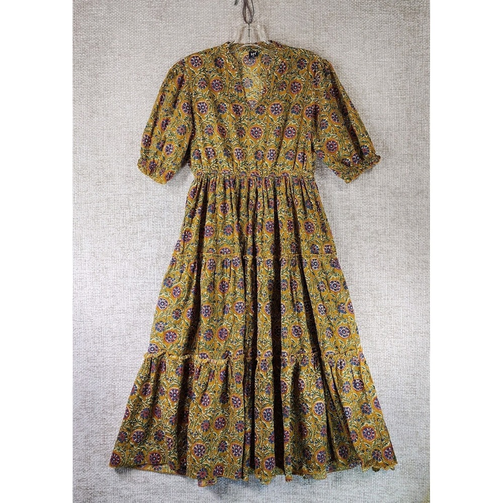 HH Gold Floral Tiered Midi Dress Womens M Boho Ruffled Lightweight Cotton VNeck